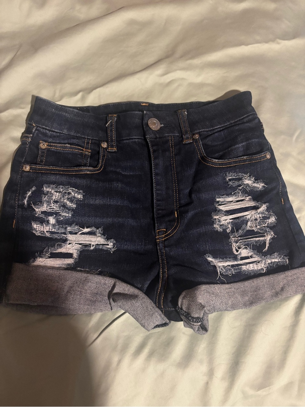 American Eagle Dark Blue Distressed Curvy Hi Rise Shorts